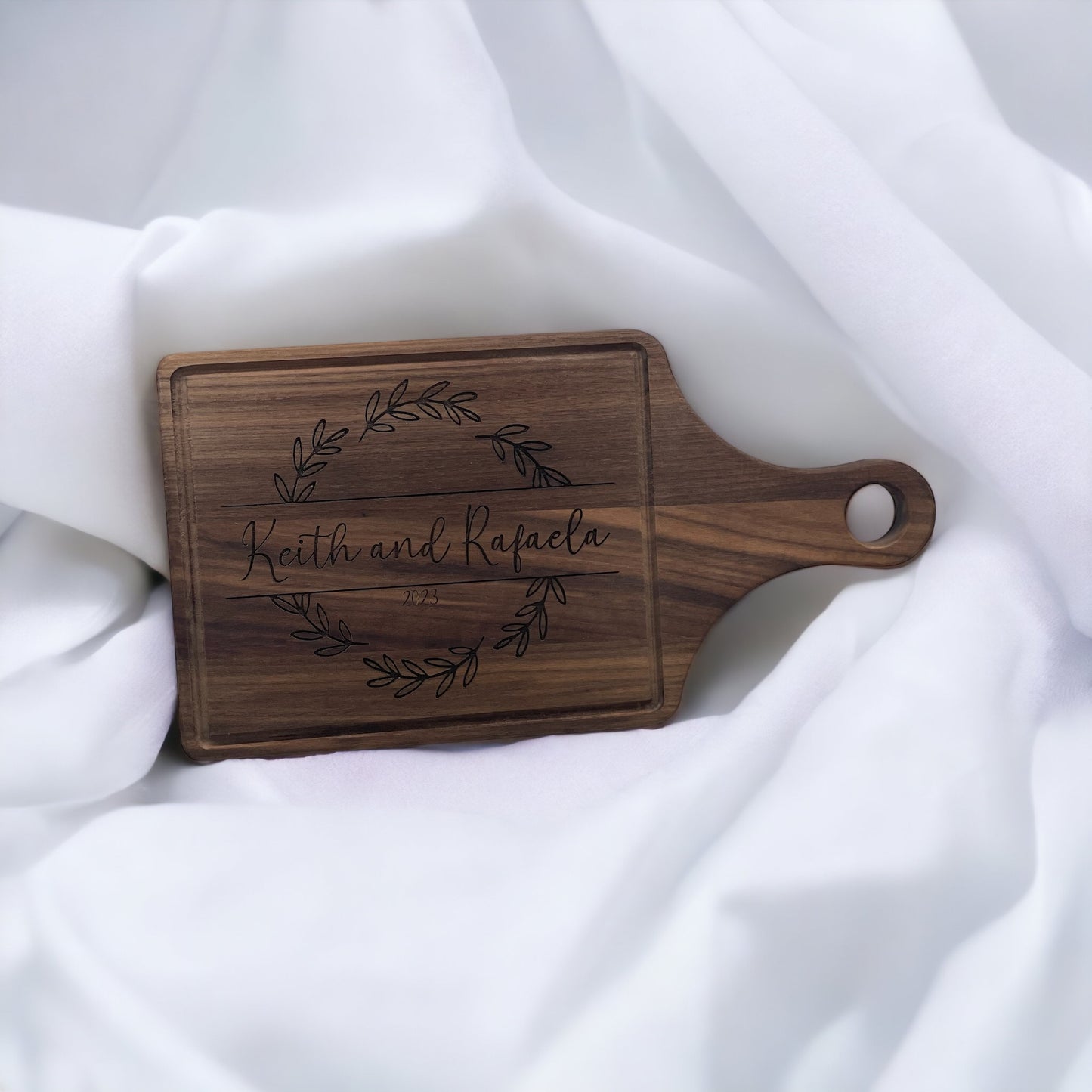 Wedding | Walnut Paddle Cutting Board w/ Drip Tray